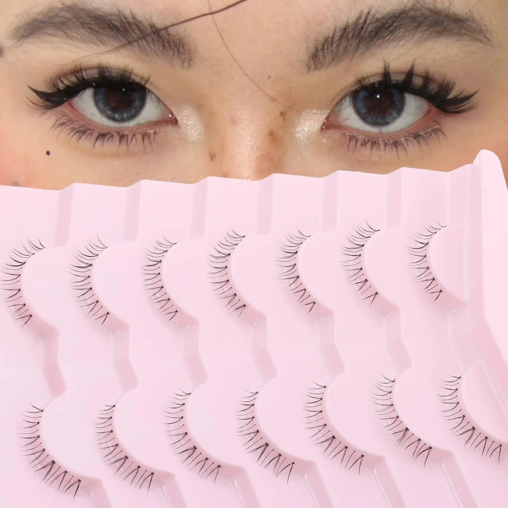 outopen 7 Pairs Bottom Lashes Japanese Manga Style False Eyelashes Soft Clear Band Strips False Eyelashes Natural Look Lower Lashes Reusable (A08)