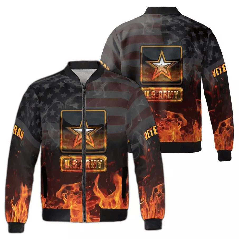 Veteran Bomber Jacket Us Army Veteran Fire Graphic Bomber Black Orange Unisex Jacket Jacket